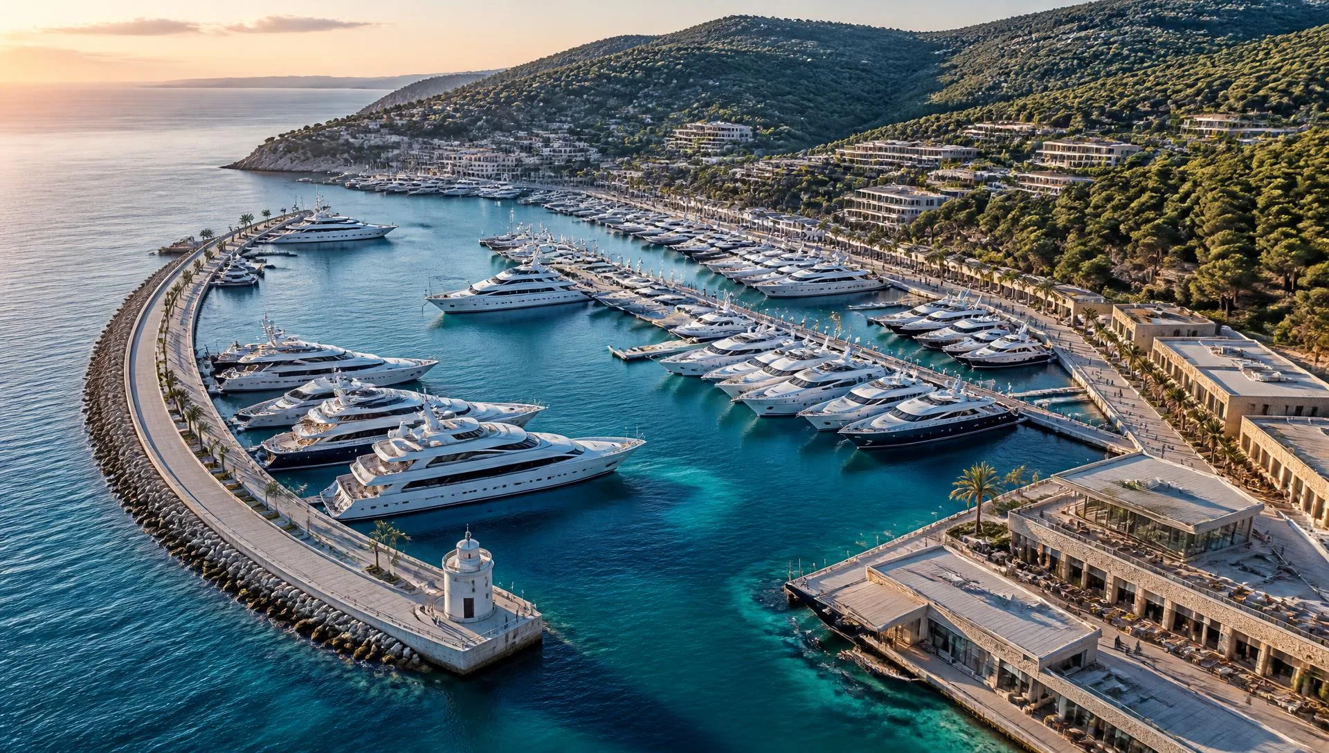 Mega yachts moored in the marina at golden hour